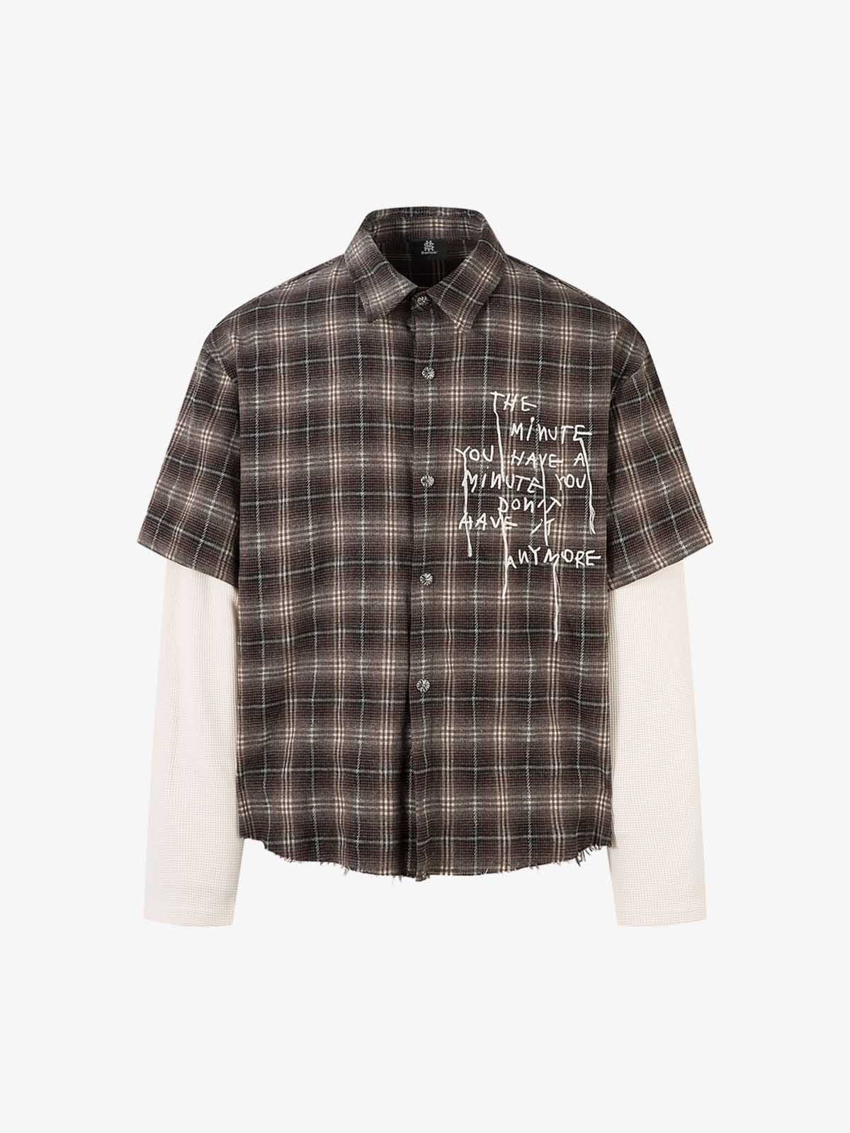 Street Faux Two-piece Damaged Plaid Long-sleeved Shirt