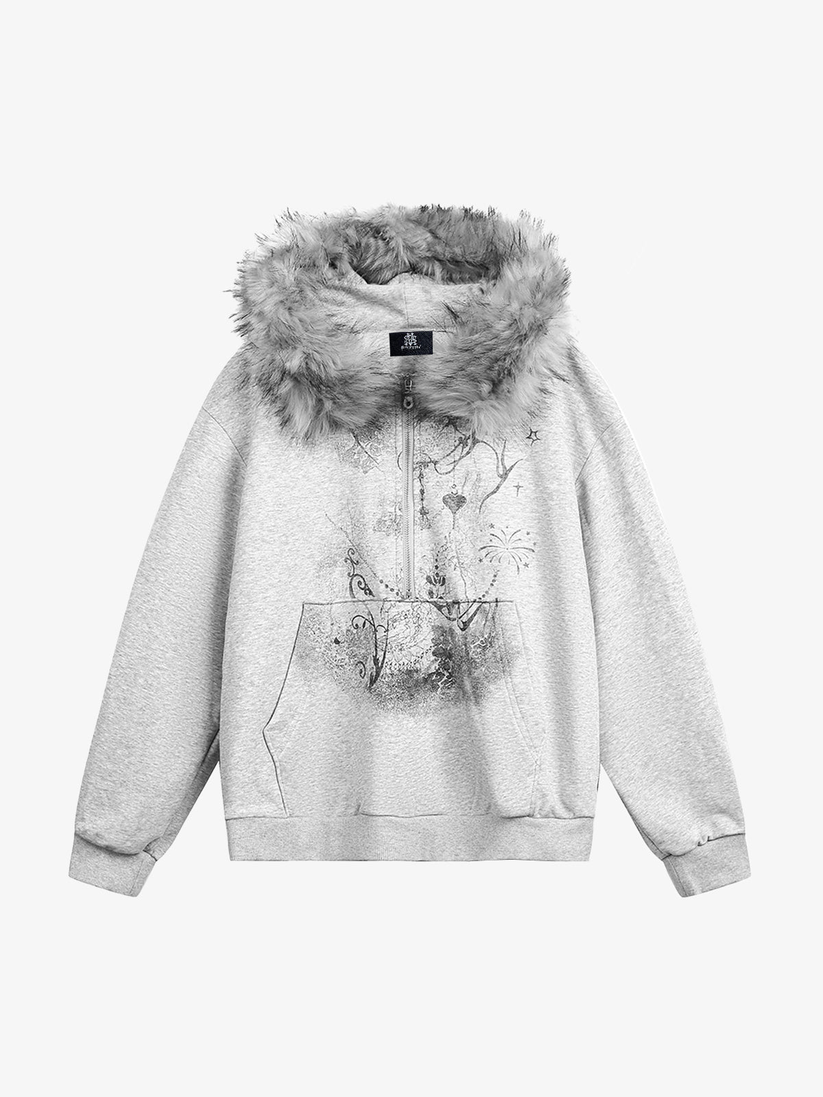 Thesupermade Detachable Fur Collar Half-zip Printed Hooded Cardigan Sweatshirt
