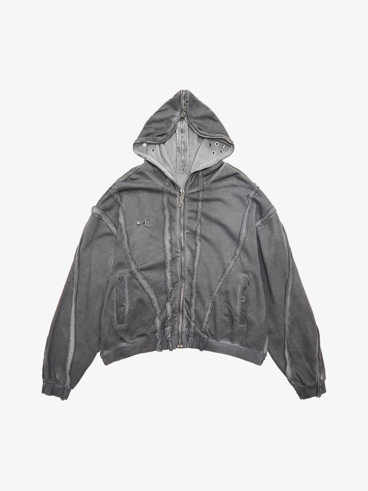 Thesupermade Heavy Washed Distressed Full Zip Hoodie - 2057