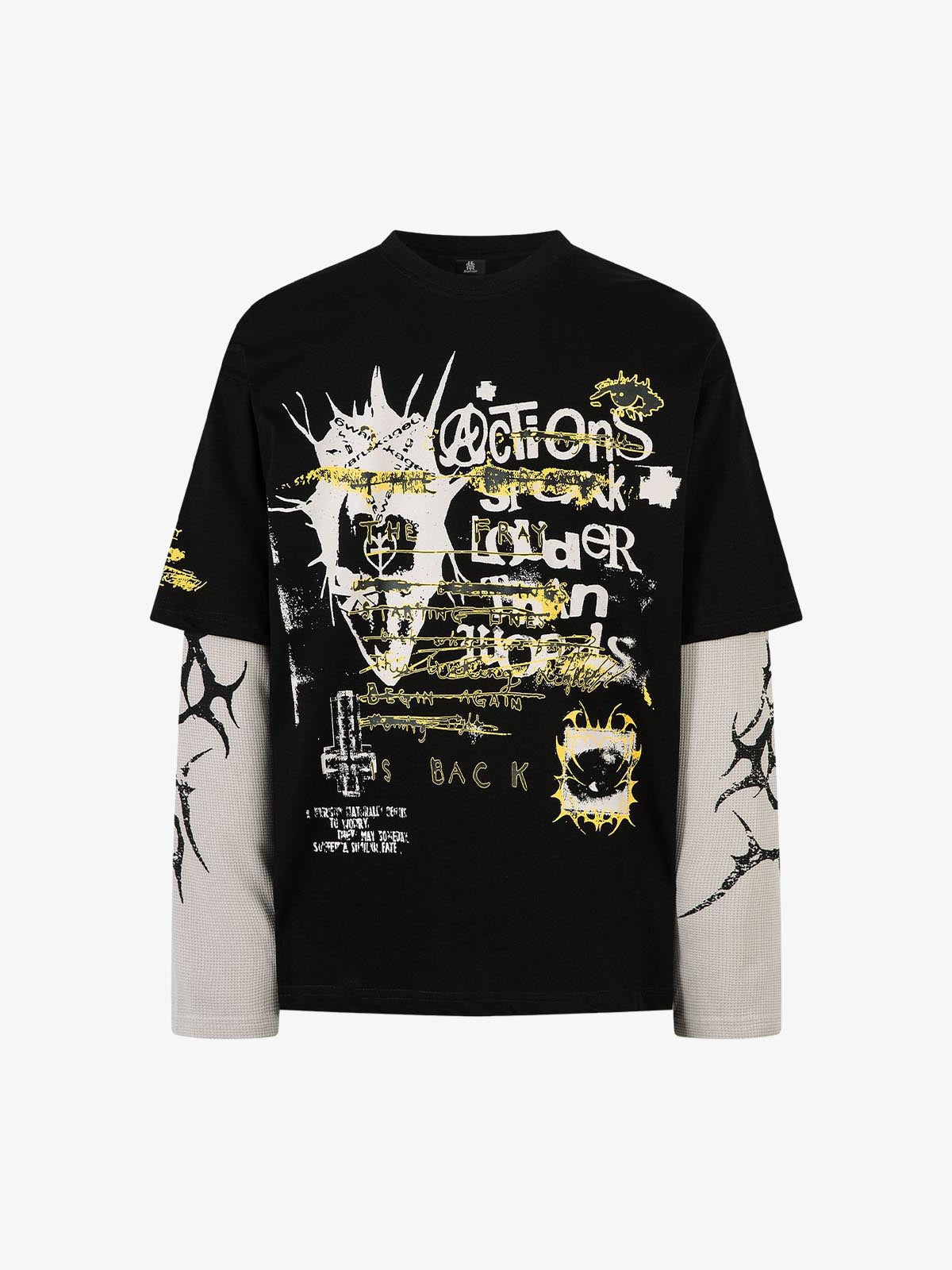 Thesupermade Hip-Hop Punk Faux Two-Piece Long-Sleeved T-Shirt