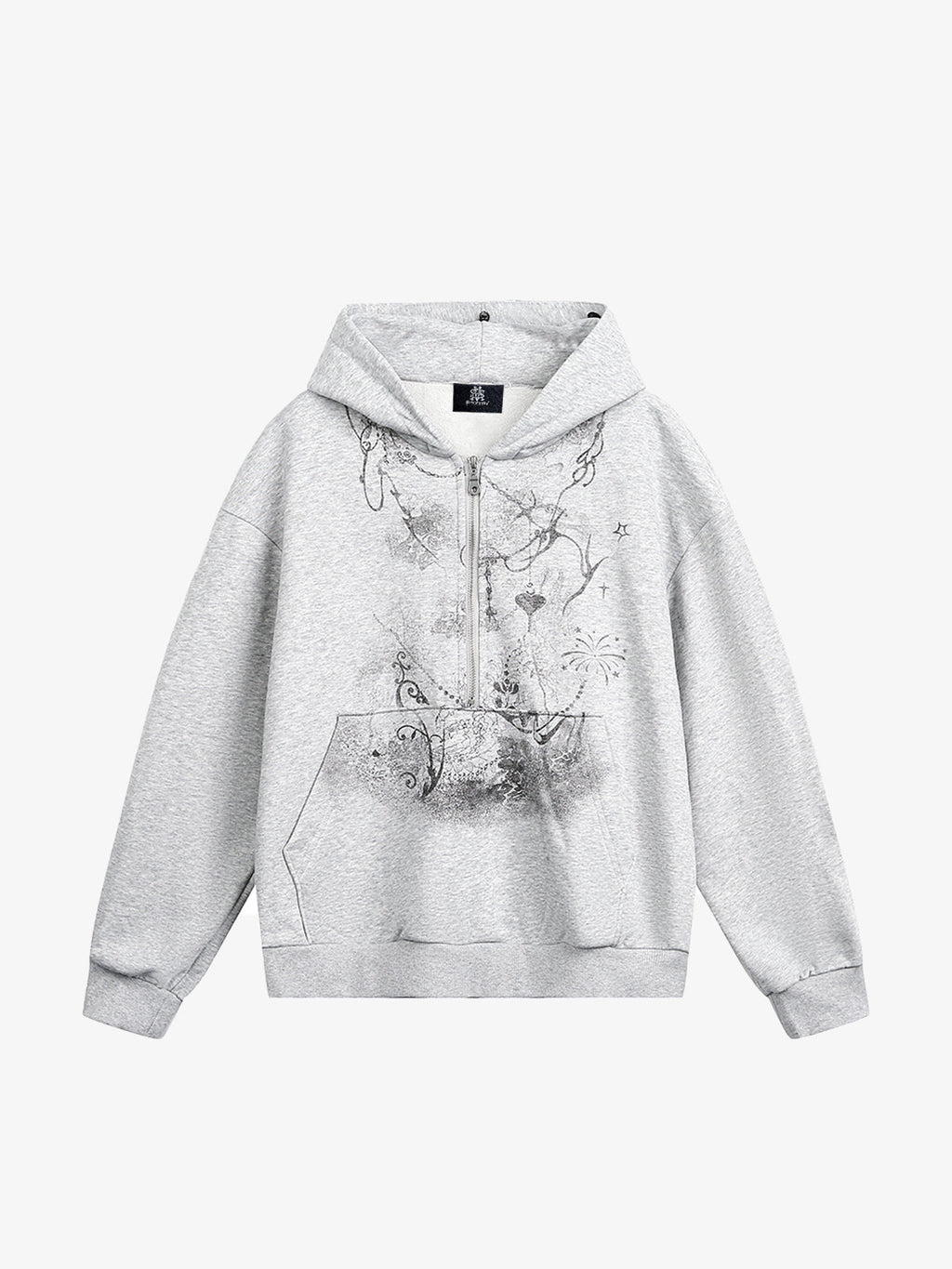 Thesupermade Detachable Fur Collar Half-zip Printed Hooded Cardigan Sweatshirt 