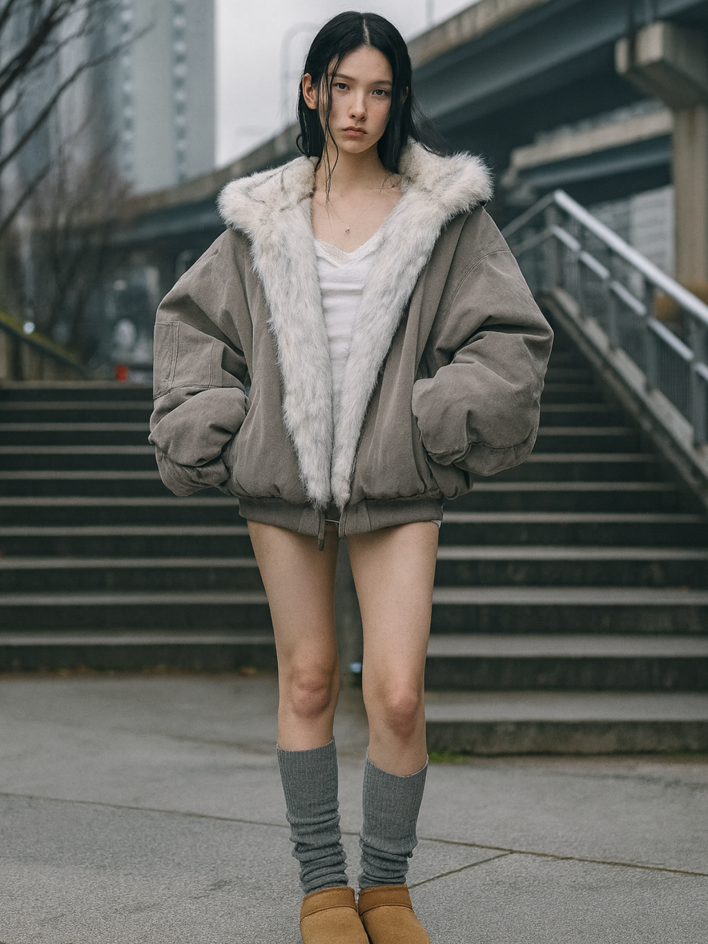 Oversized Reversible Fur Hooded Jacket