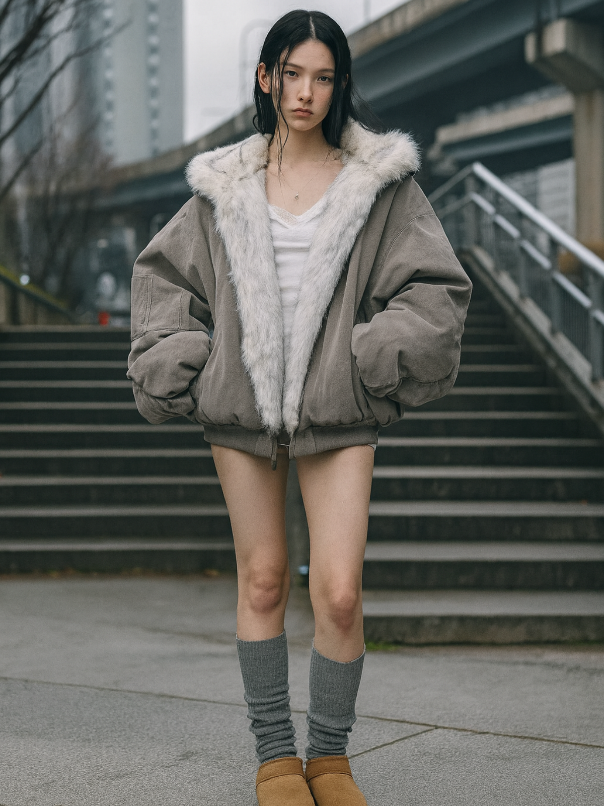 Oversized Reversible Fur Hooded Jacket
