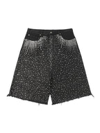 Retro Washed Rhinestone Raw Edge Denim Shorts - 2419 