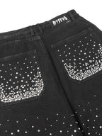 Retro Washed Rhinestone Raw Edge Denim Shorts - 2419 