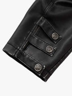 Thesupermade Skull Print Paneled Stand-up Collar Leather Jacket 