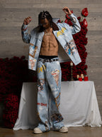 Artistic Graffiti Print Denim Jacket and Pants Set 
