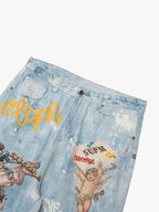 Artistic Graffiti Print Denim Jacket and Pants Set 