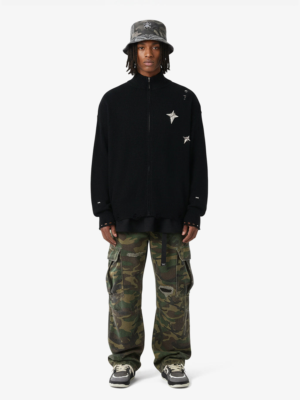 Woven Ripped Camouflage Flared Cargo Pants - 2410 