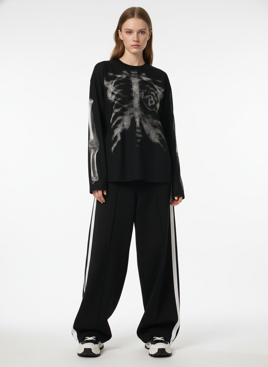 Skeleton Graphic Waffle Sweatshirt – Spooky Halloween Vibes - 2495 