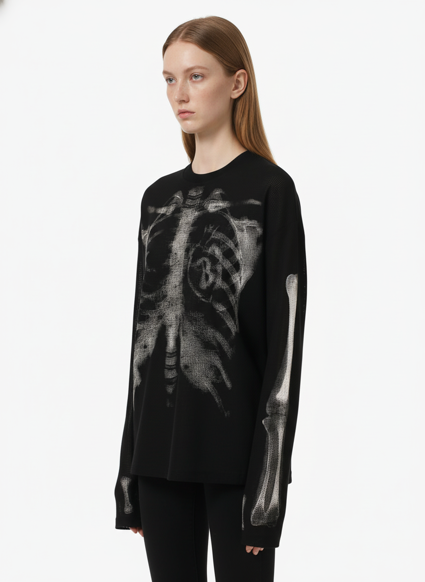 Skeleton Graphic Waffle Sweatshirt – Spooky Halloween Vibes - 2495 