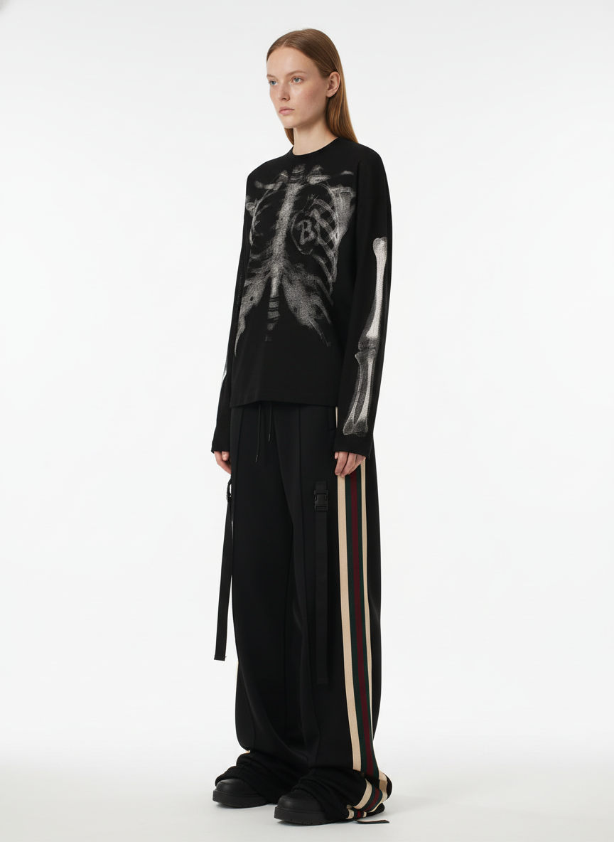 Skeleton Graphic Waffle Sweatshirt – Spooky Halloween Vibes - 2495 