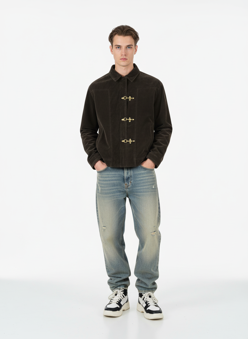 Retro Unique Metal Button Suede Lapel Bomber Jacket 