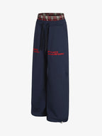 Wide-Leg Lounge Pants with Plaid Waistband and Stylish Lettering 