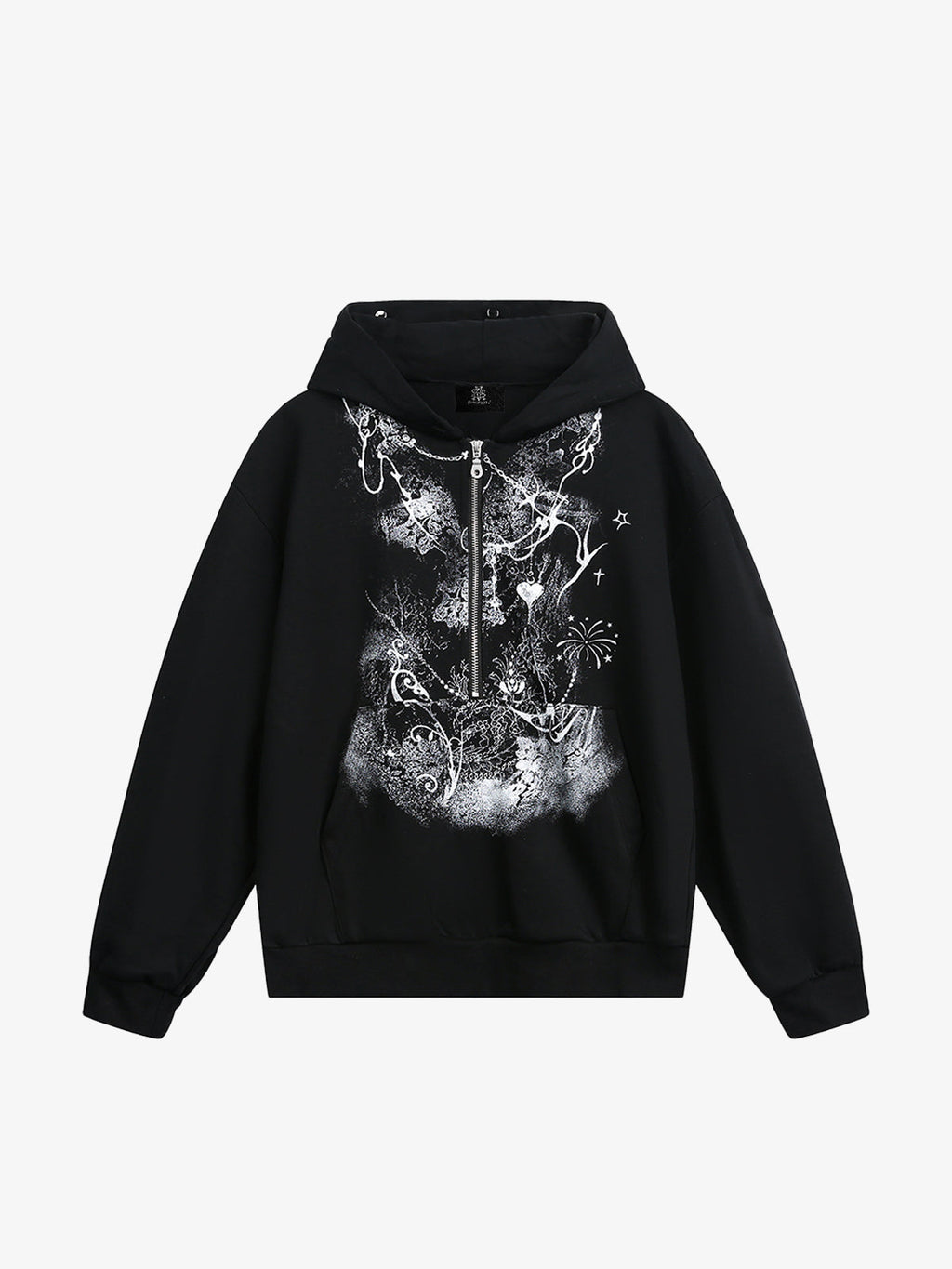 Thesupermade Detachable Fur Collar Half-zip Printed Hooded Cardigan Sweatshirt 