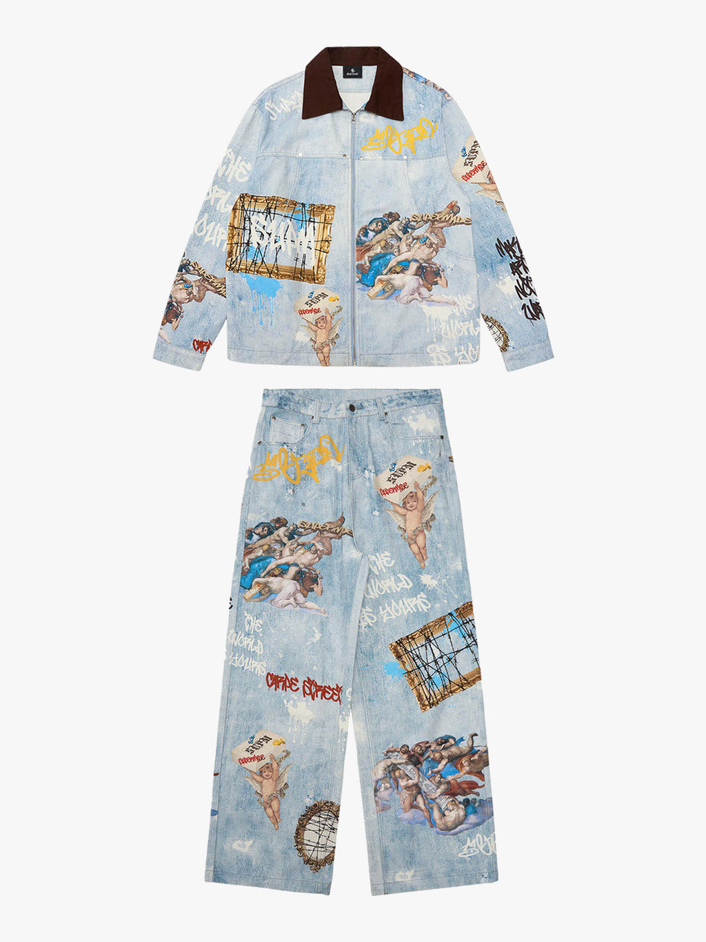 Artistic Graffiti Print Denim Jacket and Pants Set 