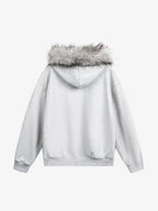 Thesupermade Detachable Fur Collar Half-zip Printed Hooded Cardigan Sweatshirt 