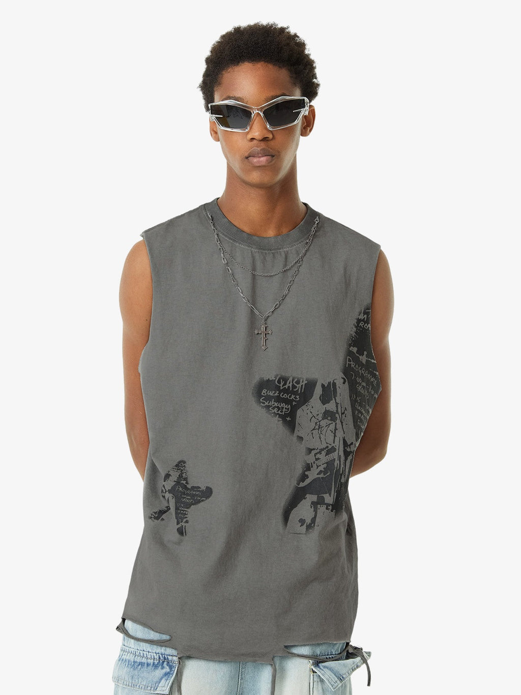Thesupermade Vintage Necklace Star Print Hip-hop Tank Top - 2070 