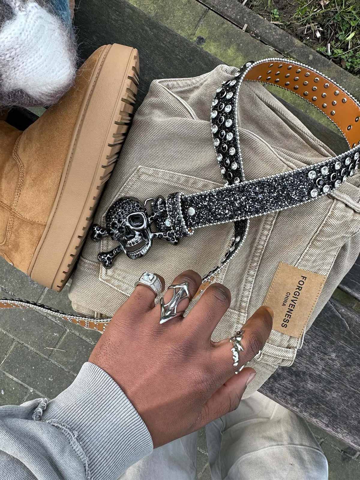 Thesupermade Rhinestone Skull Belt - 1668 