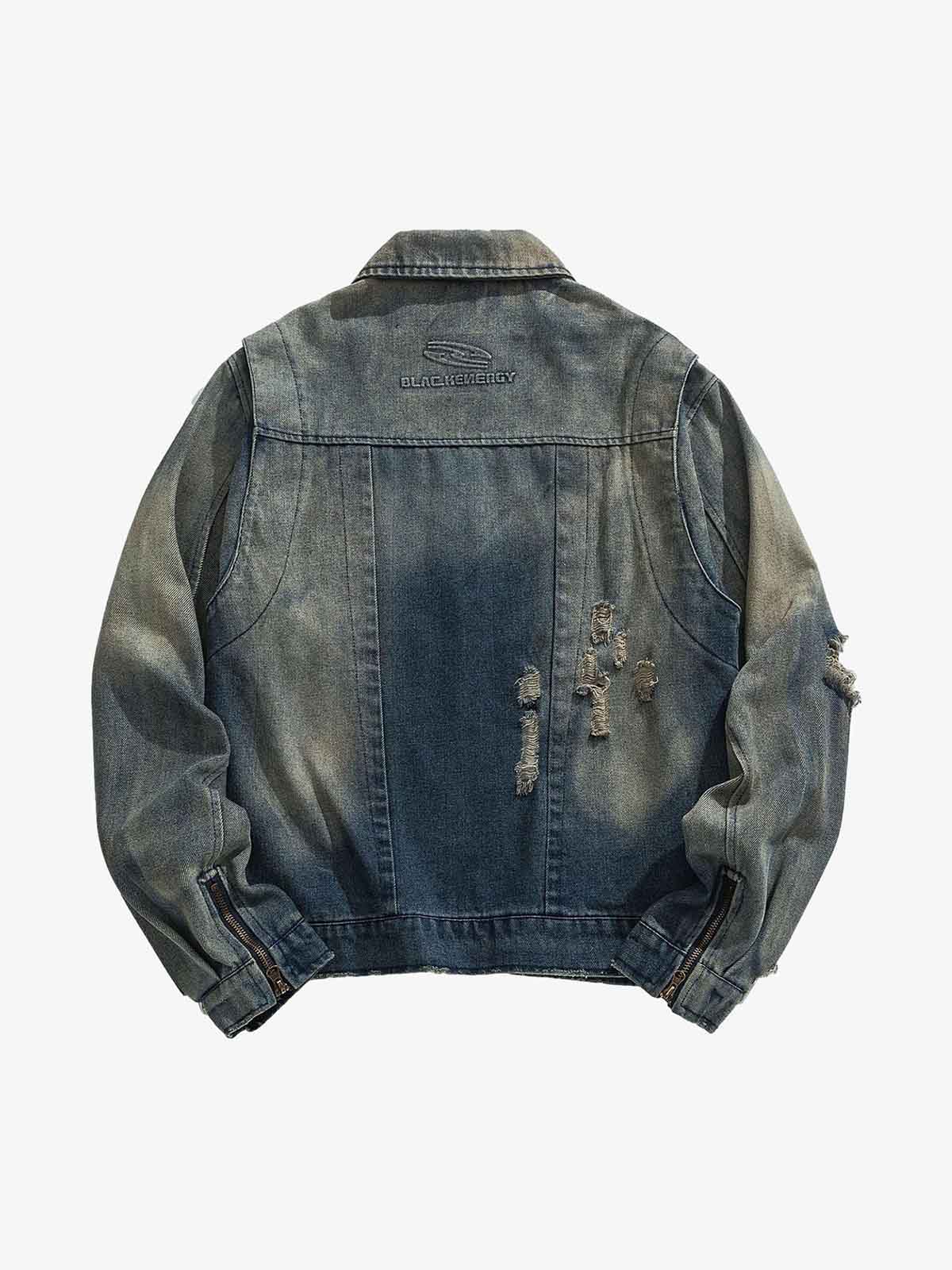 High Street Hip-hop Distressed Washed Denim Jacket - 2243