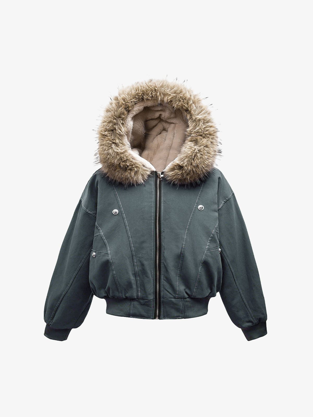 Fur Lined Zip Up Hooded Bomber Jacket 