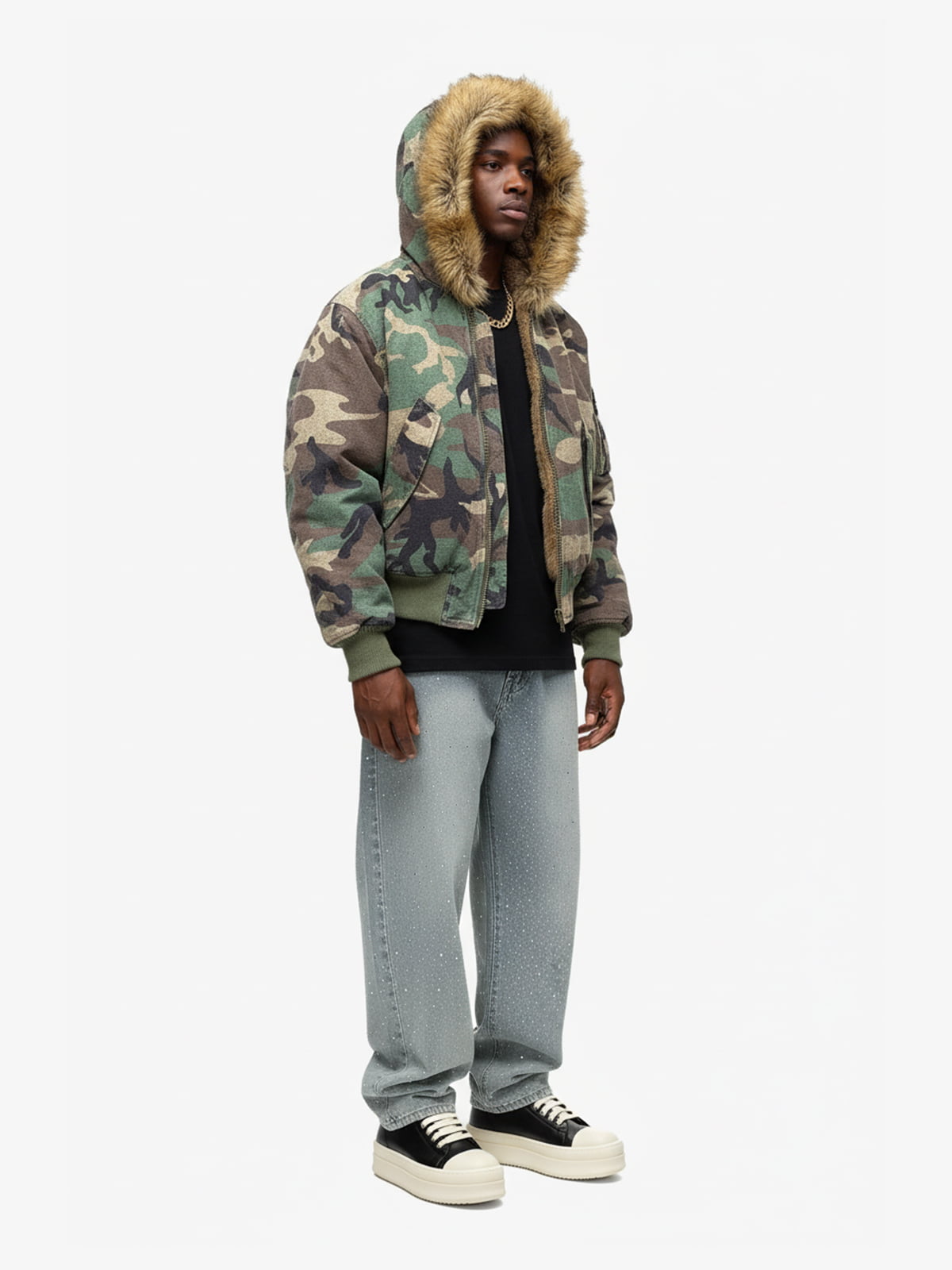 Camouflage Fur Collar Reversible Cotton Jacket 
