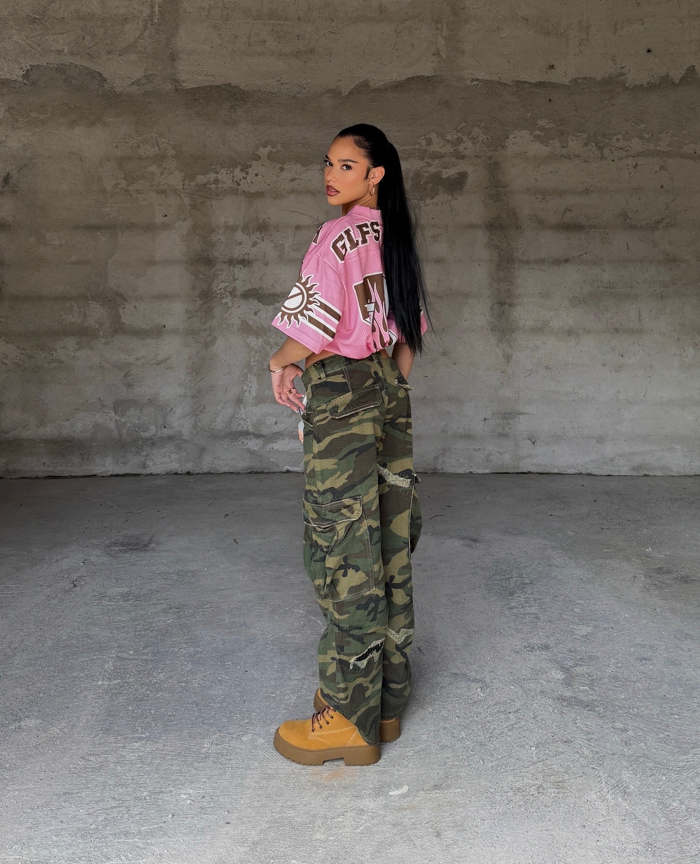 Ripped Camouflage Flared Cargo Pants - 2410 