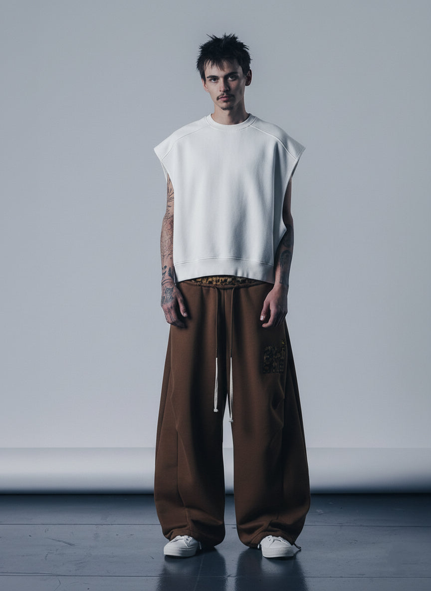 Retro Double-Waist Leopard Patch Barrel Pants 